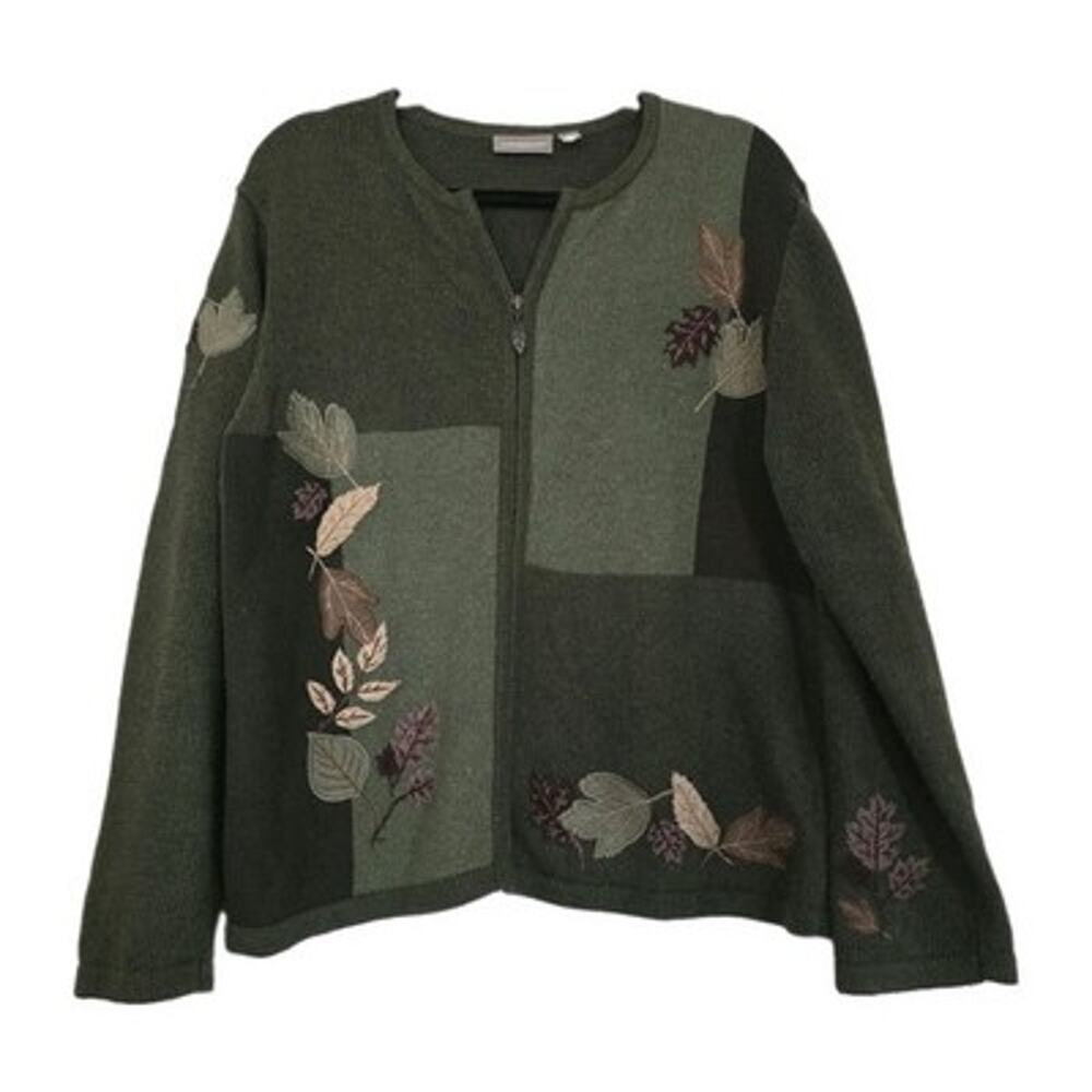 Vintage Fall Leaf Full Zip Sweater Womens XL Green Cottage Grandmacore Hobbit
